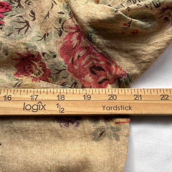 Vintage Joa Women Long Sleeve Semi Sheer Embroidered Floral Blouse SMALL Tan Red - Picture 8 of 12